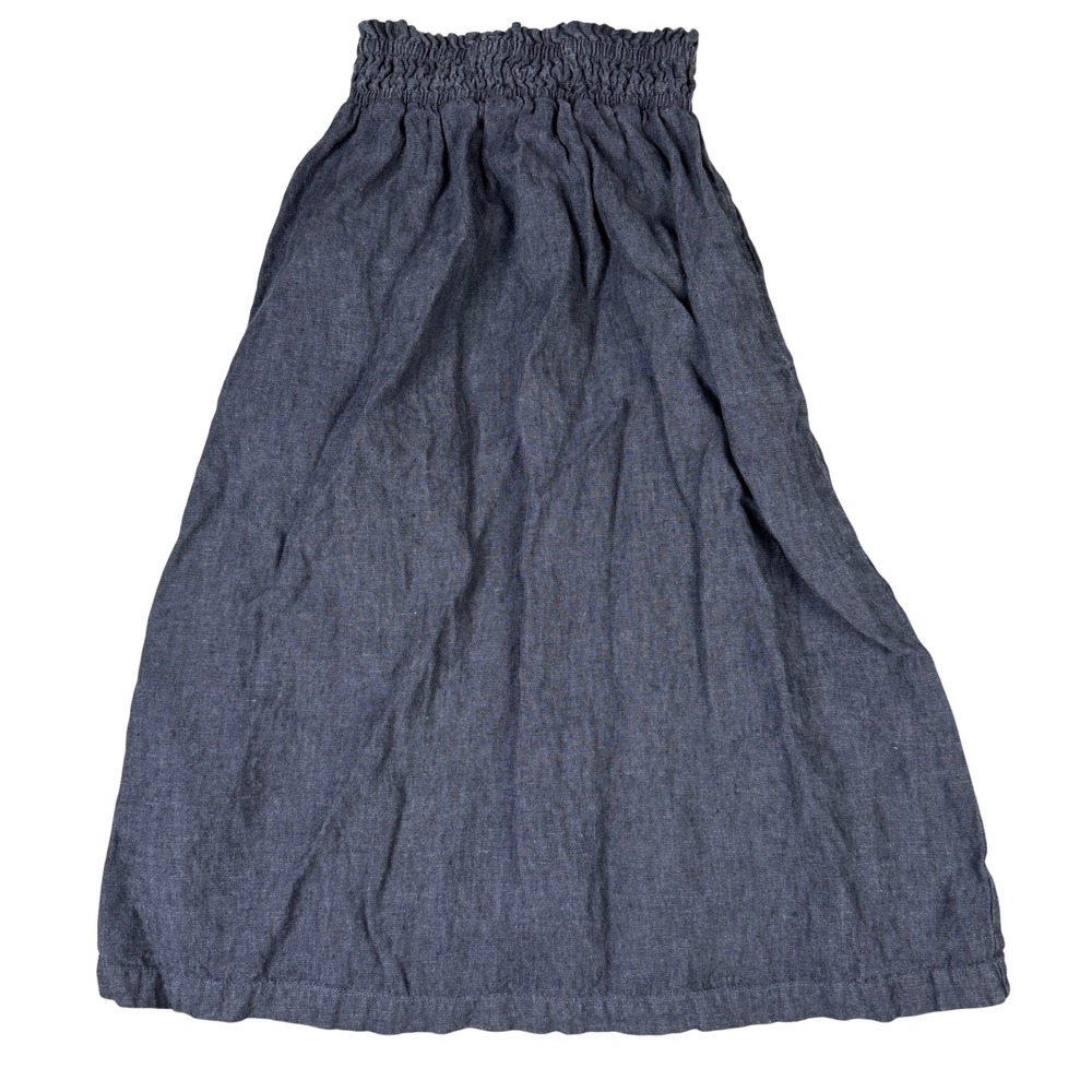 Garnet Hill Blue 100% European Flax Linen Smocked Waist Midi Skirt Pockets XS